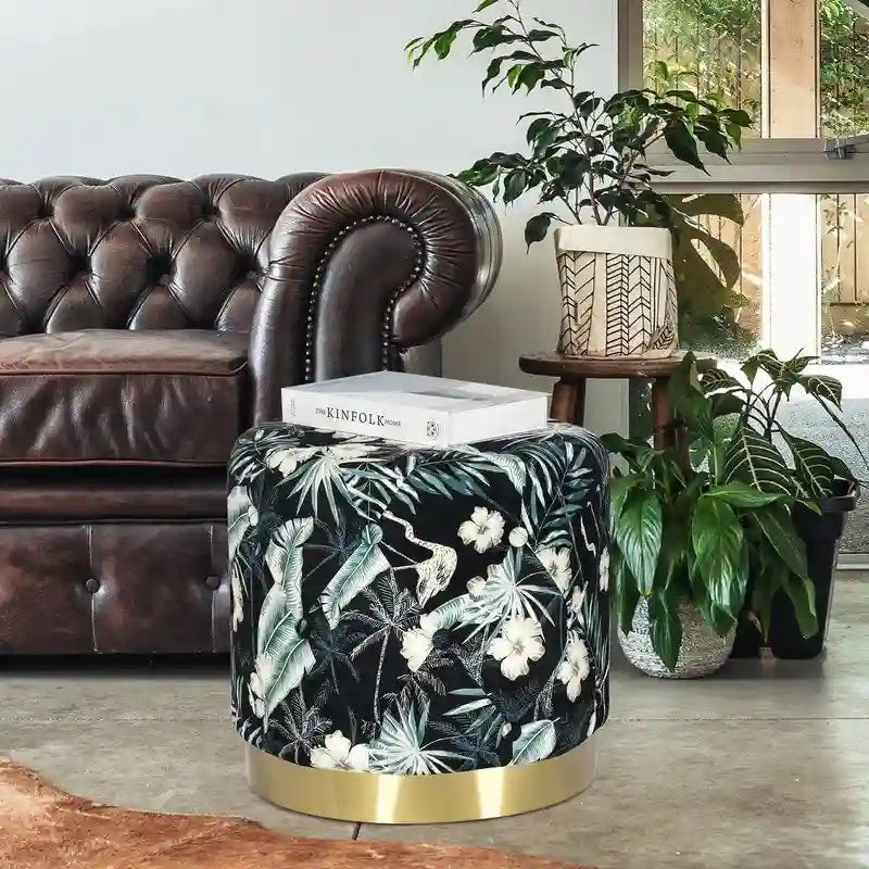 Adeco Round Flower Velvet Ottoman Foot Stool with Gold Trim Foot Rest