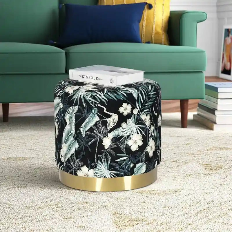 Adeco Round Flower Velvet Ottoman Foot Stool with Gold Trim Foot Rest