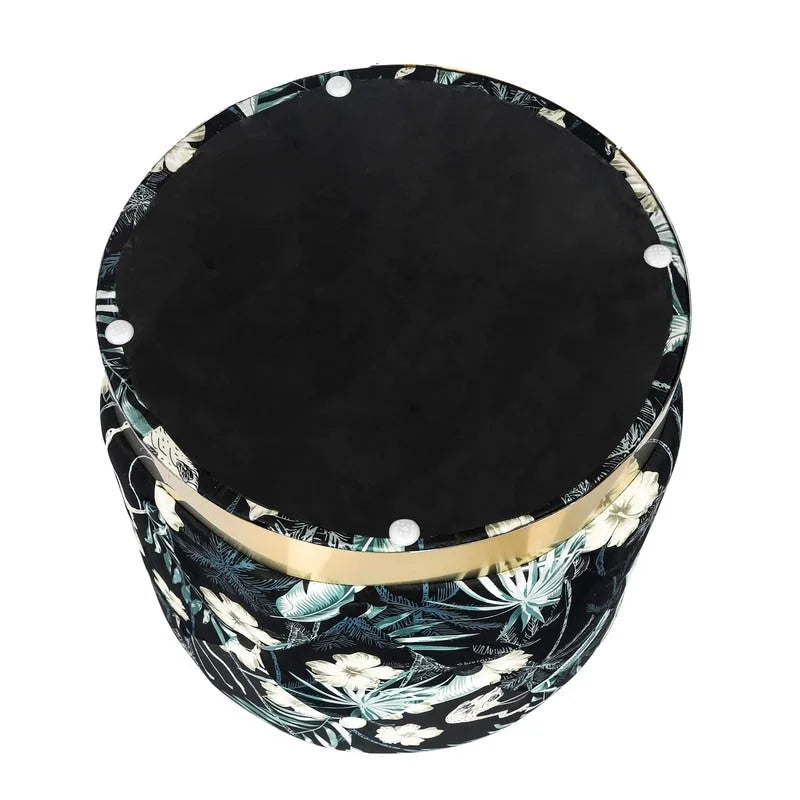 Adeco Round Flower Velvet Ottoman Foot Stool with Gold Trim Foot Rest