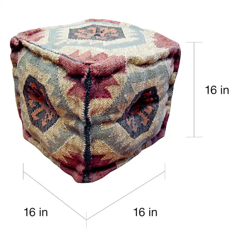 Handmade Kilim Upholstered Ottoman (India) - 16 x 16 x 16