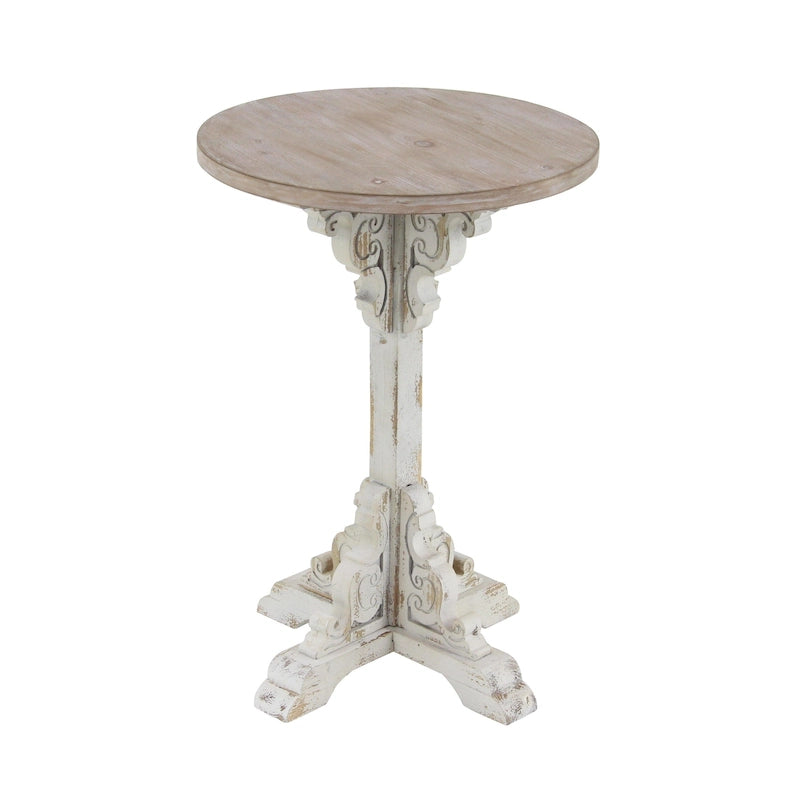 Wood Scroll Intricately Carved Accent or End Table with Brown Wood Top - Gray, White, Cream - Roche River Decor