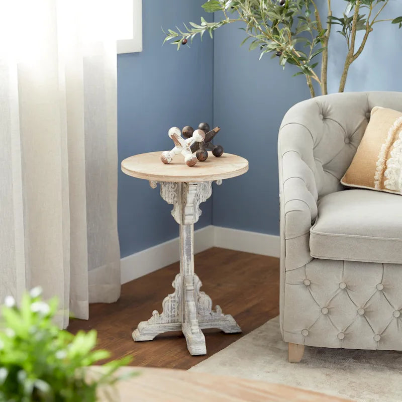 Wood Scroll Intricately Carved Accent or End Table with Brown Wood Top - Gray, White, Cream - Roche River Decor