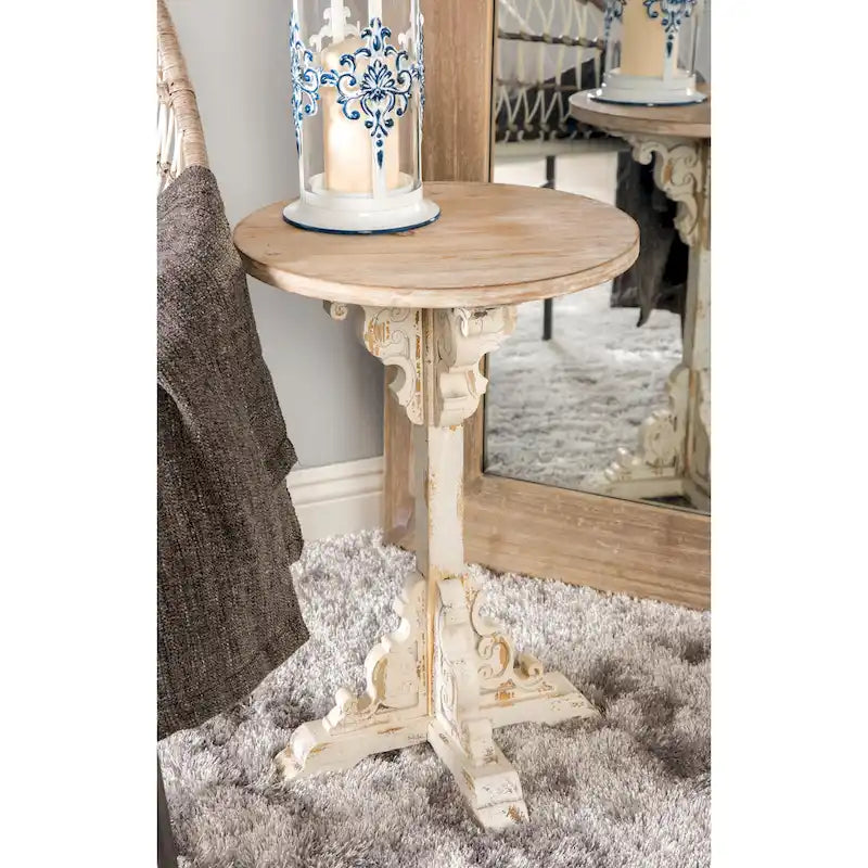 Wood Scroll Intricately Carved Accent or End Table with Brown Wood Top - Gray, White, Cream - Roche River Decor