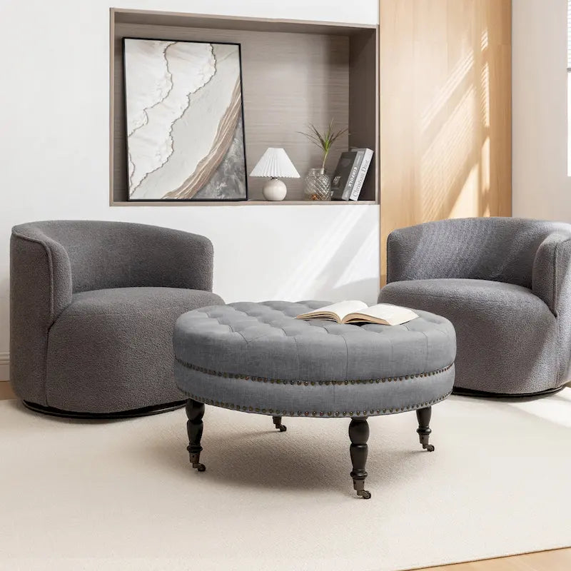 Porthos Home Indy Fabric Round Cocktail Ottoman with Rubberwood Legs and Wheels