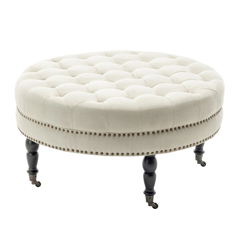 Porthos Home Indy Fabric Round Cocktail Ottoman with Rubberwood Legs and Wheels