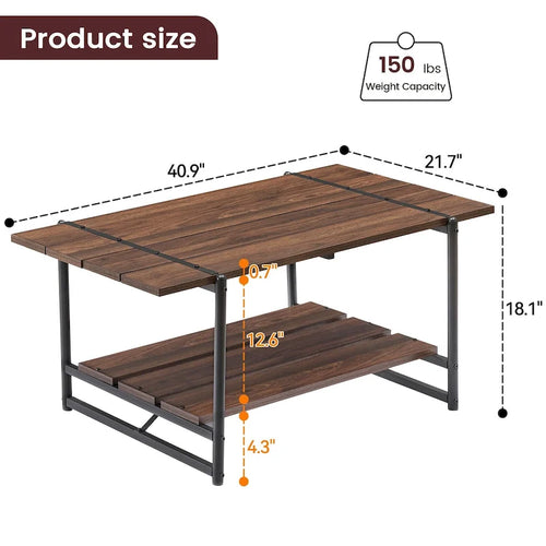 2-Tier Modern Industrial 41 Large Wood Coffee Table with Storage Shelf