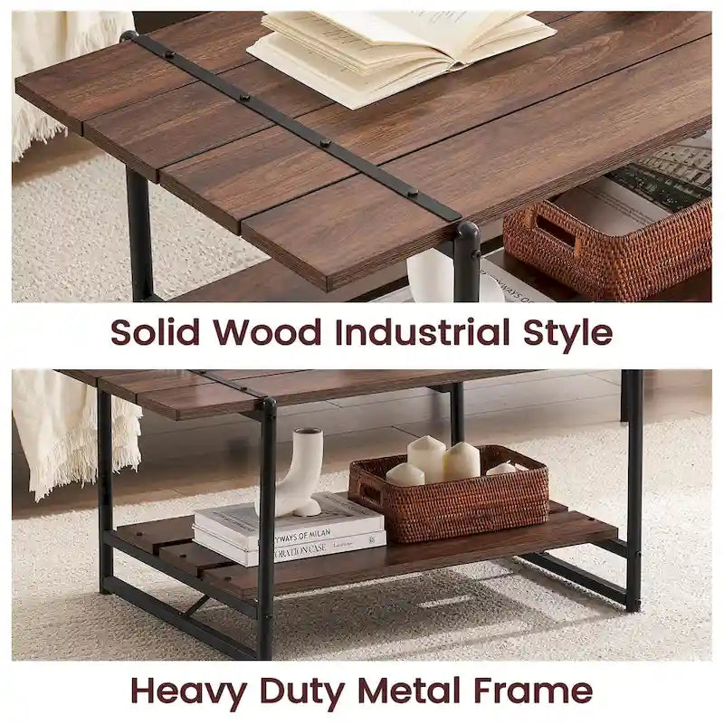 2-Tier Modern Industrial 41 Large Wood Coffee Table with Storage Shelf