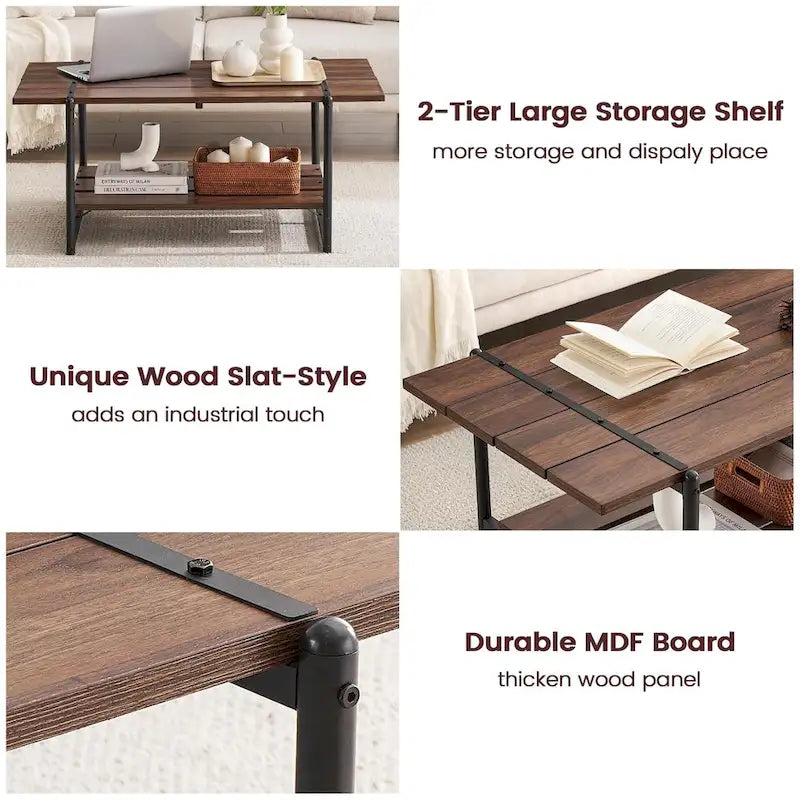 2-Tier Modern Industrial 41 Large Wood Coffee Table with Storage Shelf