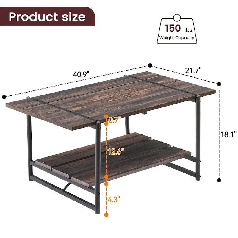 2-Tier Modern Industrial 41 Large Wood Coffee Table with Storage Shelf