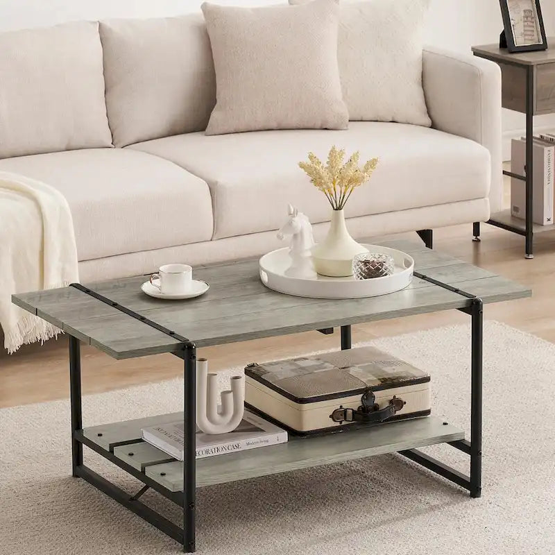 2-Tier Modern Industrial 41 Large Wood Coffee Table with Storage Shelf