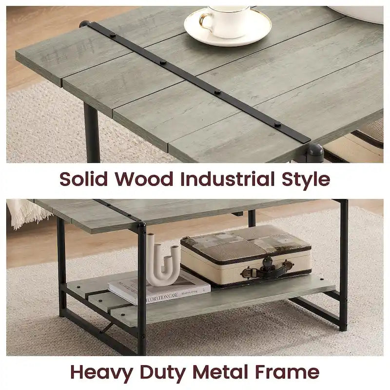 2-Tier Modern Industrial 41 Large Wood Coffee Table with Storage Shelf