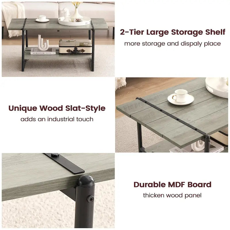 2-Tier Modern Industrial 41 Large Wood Coffee Table with Storage Shelf