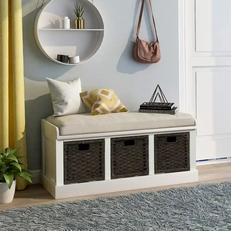 Rustic Storage Bench with 3 Removable Classic Rattan Basket , Entryway Bench with Removable Cushion