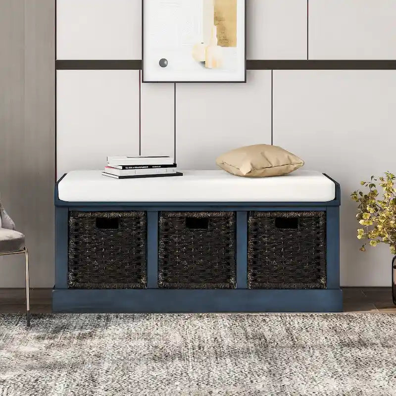 Rustic Storage Bench with 3 Removable Classic Rattan Basket , Entryway Bench with Removable Cushion