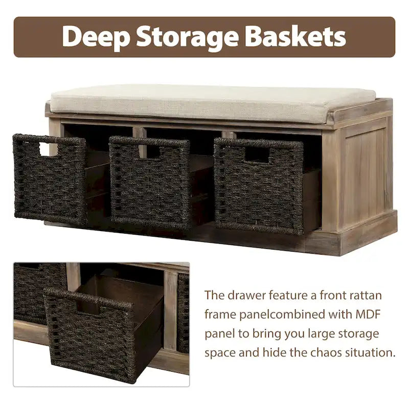 Rustic Storage Bench with 3 Removable Classic Rattan Basket , Entryway Bench with Removable Cushion