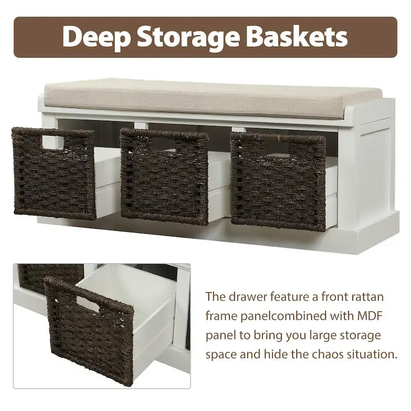 Rustic Storage Bench with 3 Removable Classic Rattan Basket , Entryway Bench with Removable Cushion