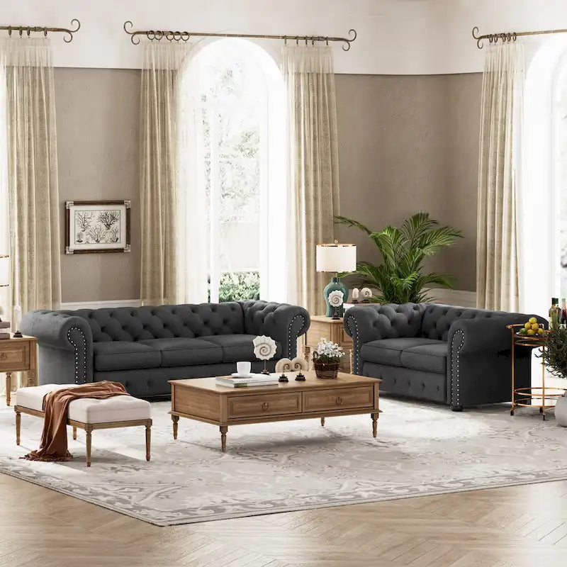 Corvus Aleksis 2-piece Tufted Rolled Arm Chesterfield Sofa and Loveseat Set
