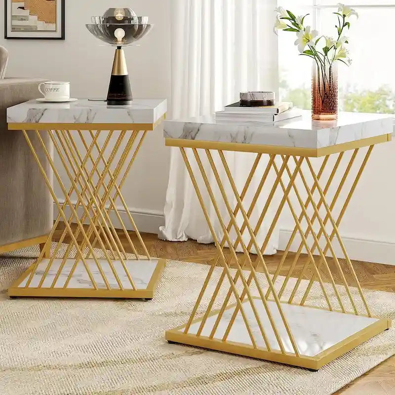 Modern White Gold Side Table Square End Table