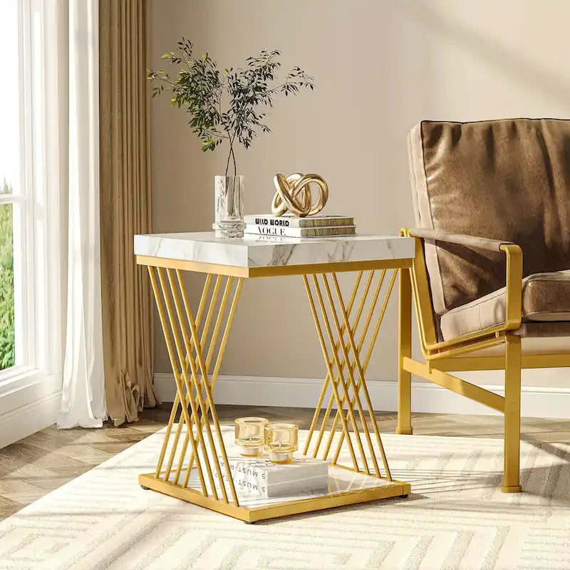 Modern White Gold Side Table Square End Table
