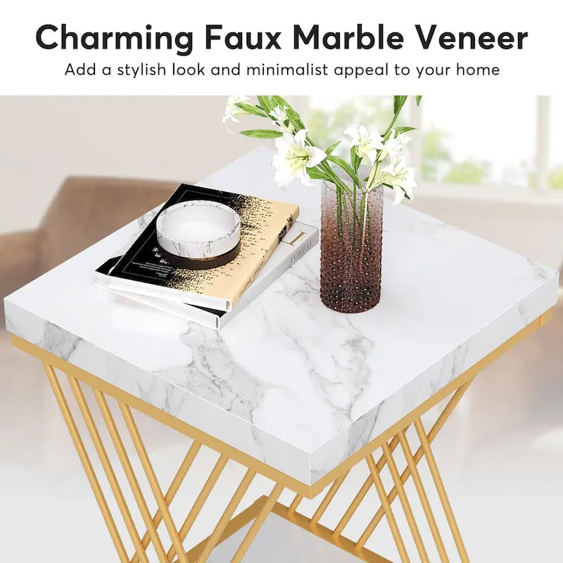 Modern White Gold Side Table Square End Table