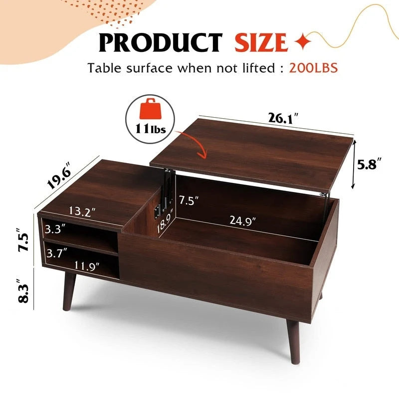 Lift Top Coffee Table with Storage for Living Room - 39.37D x 19.69W x 16.93H