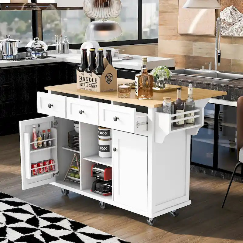 53 in. Rubber Wood Drop-Leaf Countertop Kitchen Island on 5 Wheels with Storage Cabinet and 3 Drawers - 53