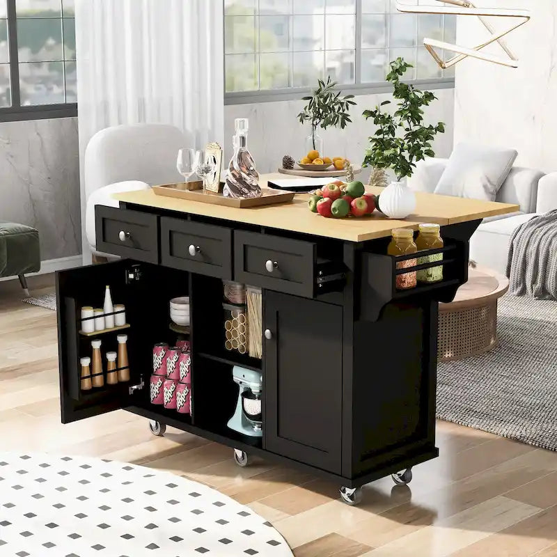 53 in. Rubber Wood Drop-Leaf Countertop Kitchen Island on 5 Wheels with Storage Cabinet and 3 Drawers - 53