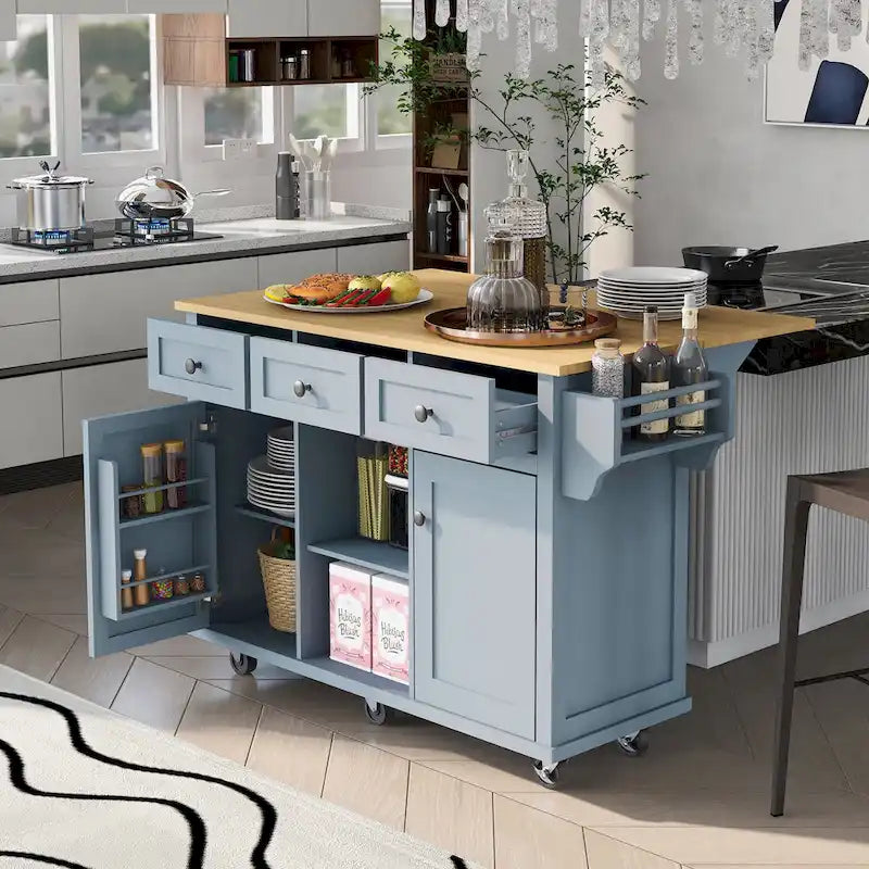 53 in. Rubber Wood Drop-Leaf Countertop Kitchen Island on 5 Wheels with Storage Cabinet and 3 Drawers - 53