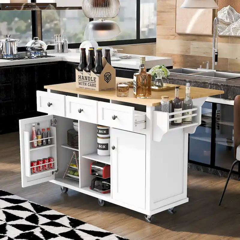 53 in. Rubber Wood Drop-Leaf Countertop Kitchen Island on 5 Wheels with Storage Cabinet and 3 Drawers - 53