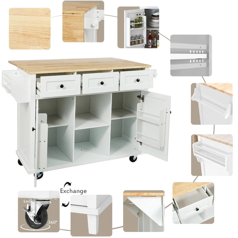 53 in. Rubber Wood Drop-Leaf Countertop Kitchen Island on 5 Wheels with Storage Cabinet and 3 Drawers - 53