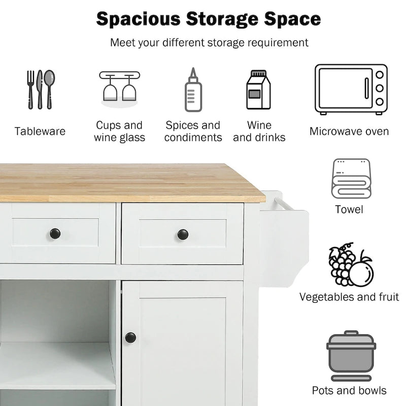 53 in. Rubber Wood Drop-Leaf Countertop Kitchen Island on 5 Wheels with Storage Cabinet and 3 Drawers - 53