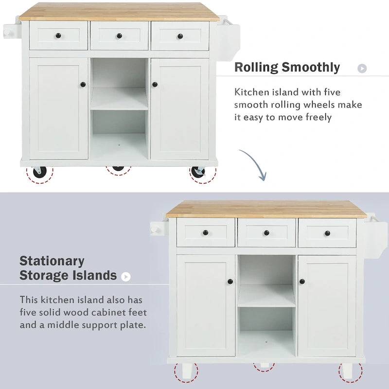 53 in. Rubber Wood Drop-Leaf Countertop Kitchen Island on 5 Wheels with Storage Cabinet and 3 Drawers - 53