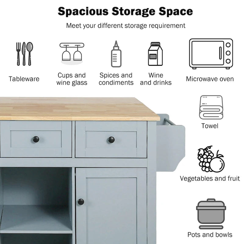 53 in. Rubber Wood Drop-Leaf Countertop Kitchen Island on 5 Wheels with Storage Cabinet and 3 Drawers - 53