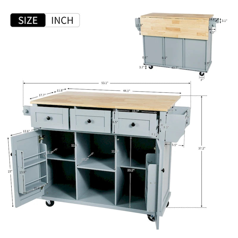 53 in. Rubber Wood Drop-Leaf Countertop Kitchen Island on 5 Wheels with Storage Cabinet and 3 Drawers - 53