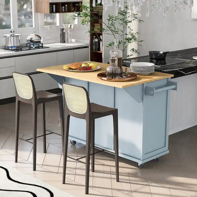 53 in. Rubber Wood Drop-Leaf Countertop Kitchen Island on 5 Wheels with Storage Cabinet and 3 Drawers - 53