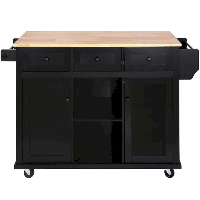 53 in. Rubber Wood Drop-Leaf Countertop Kitchen Island on 5 Wheels with Storage Cabinet and 3 Drawers - 53