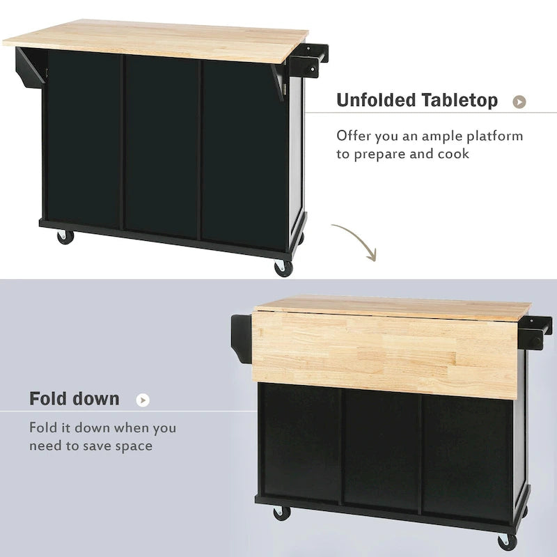 53 in. Rubber Wood Drop-Leaf Countertop Kitchen Island on 5 Wheels with Storage Cabinet and 3 Drawers - 53