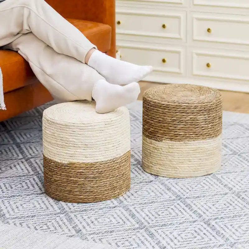 Adeco Set of 2 Foot Stool Natural Cattail Hand Weave Poufs Ottoman