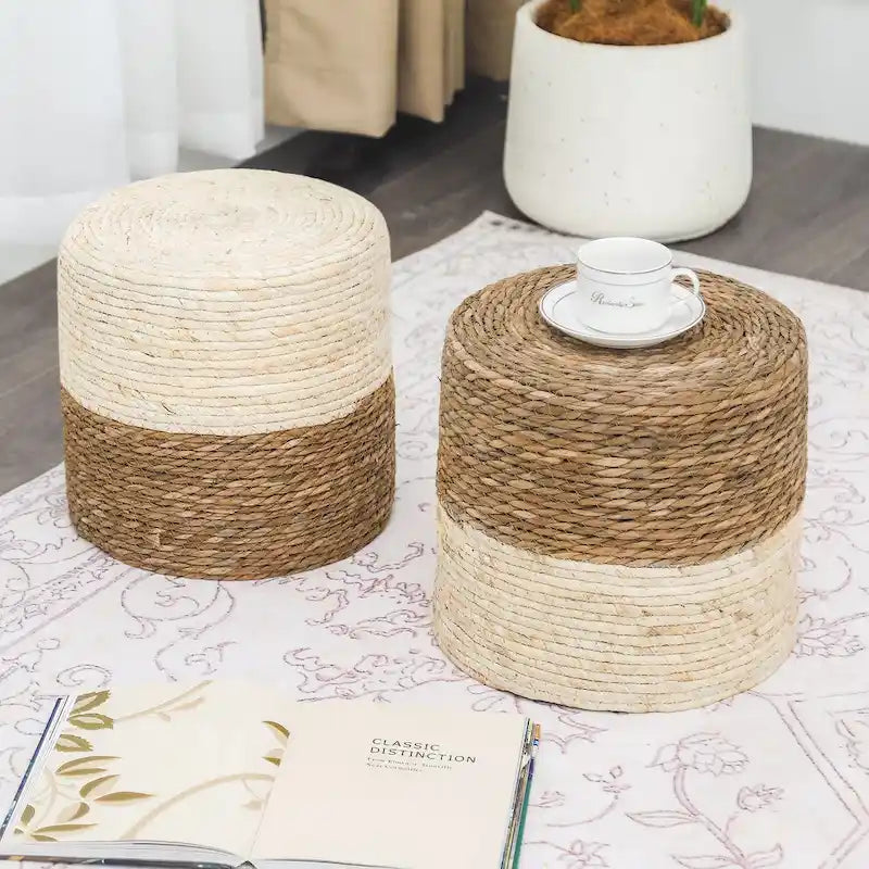 Adeco Set of 2 Foot Stool Natural Cattail Hand Weave Poufs Ottoman