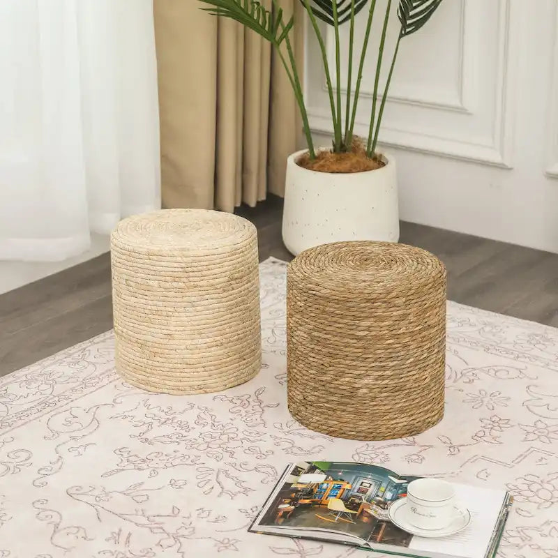 Adeco Set of 2 Foot Stool Natural Cattail Hand Weave Poufs Ottoman