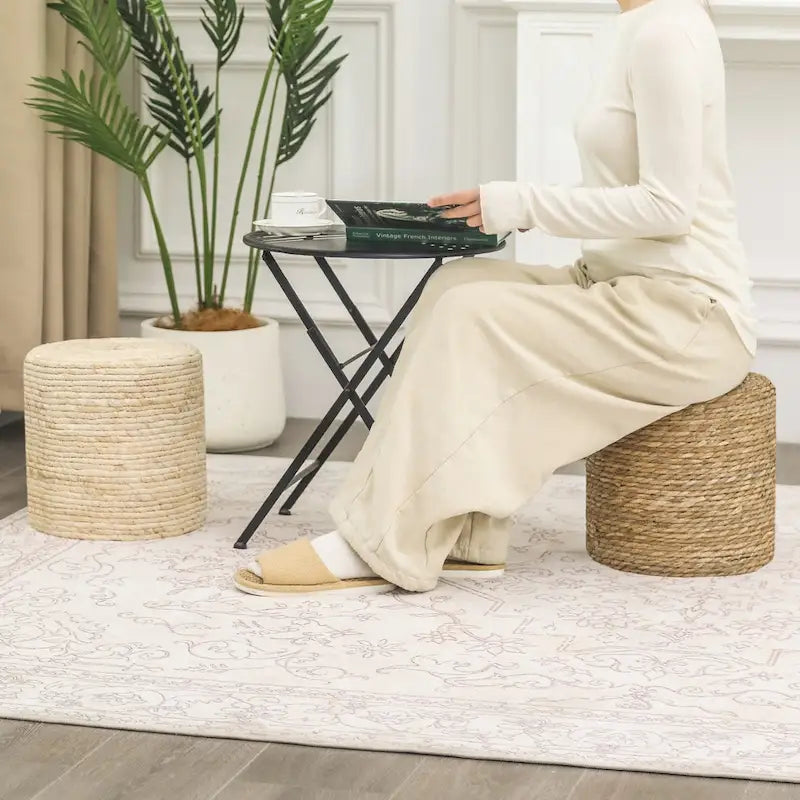 Adeco Set of 2 Foot Stool Natural Cattail Hand Weave Poufs Ottoman