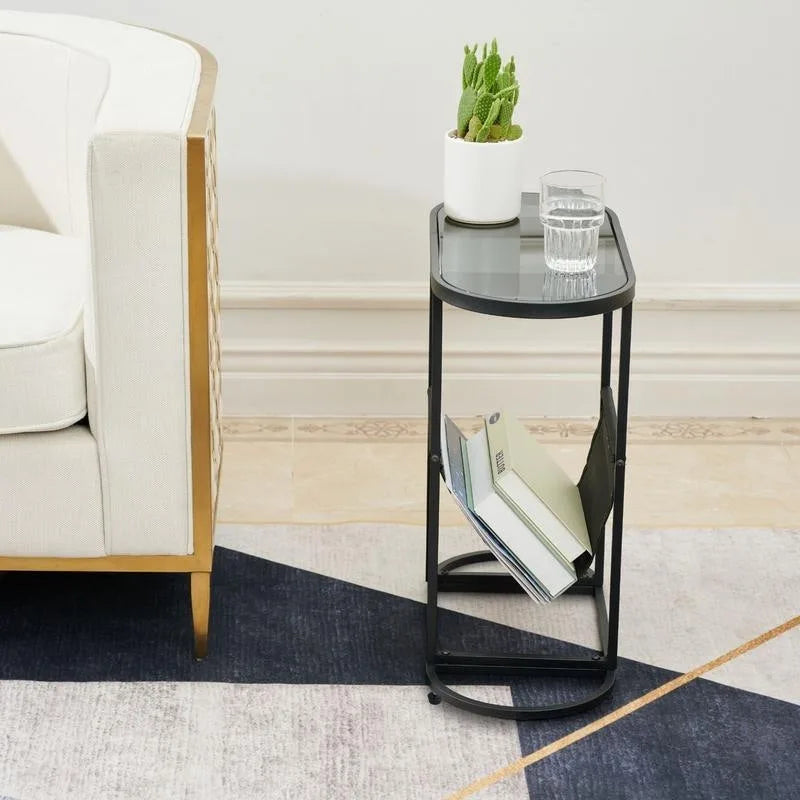 Oval Narrow Side Table Set of 2 End Tables with Organizer Storage