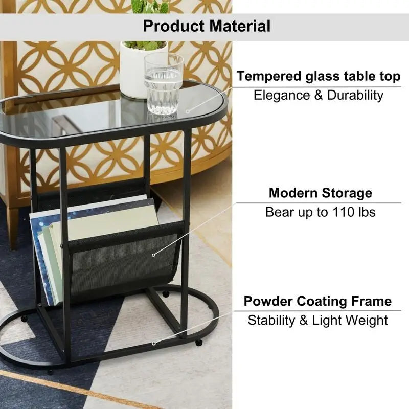Oval Narrow Side Table Set of 2 End Tables with Organizer Storage