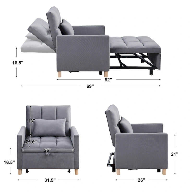 3-in-1 Convertible Sleeper Sofa Lounge Chair Bed, Black