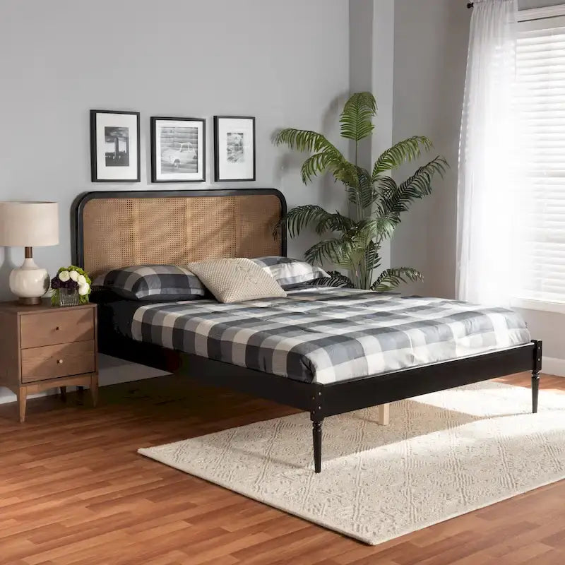 Elston Mid-Century Modern Synthetic Rattan Wood Platform Bed -Charcoal