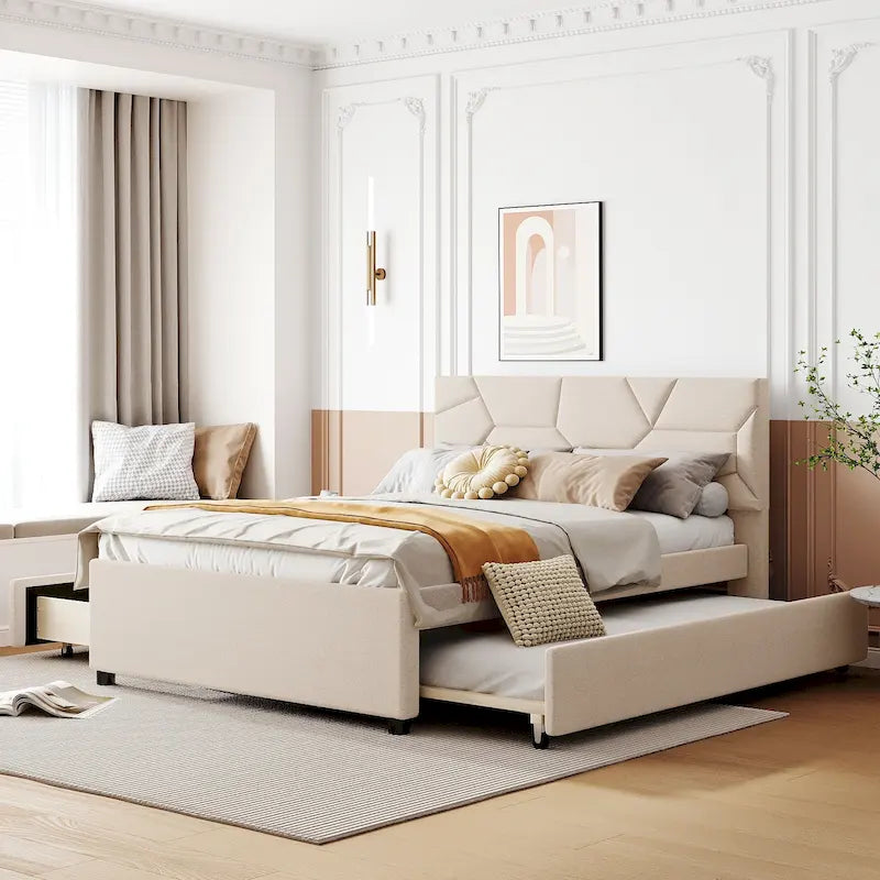 Full Size Upholstered Platform Bed with Twin Size Trundle and 2 Drawers