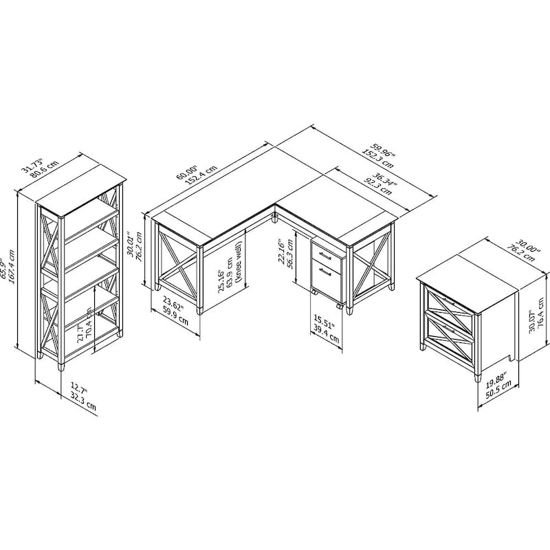 Key West 60W L Desk with File Cabinets and Bookcase by Bush Furniture