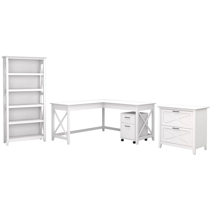 Key West 60W L Desk with File Cabinets and Bookcase by Bush Furniture