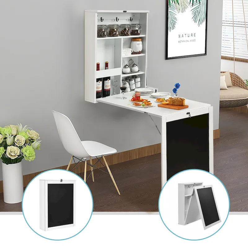 Foldable Wall Mounted Table Convertible Desk with Blackboard Shelves