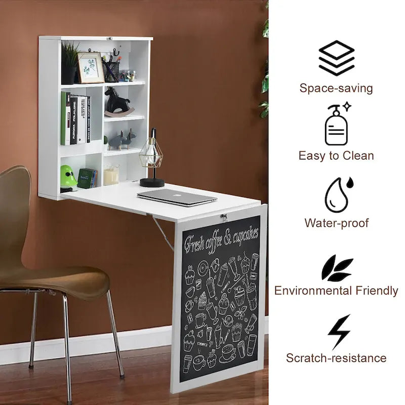 Foldable Wall Mounted Table Convertible Desk with Blackboard Shelves